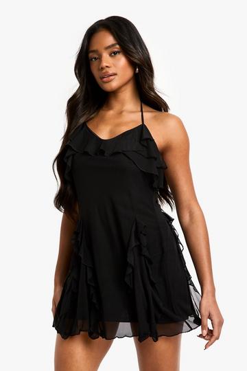 Ruffle Halter Neck Fit and Flare Mini Dress black