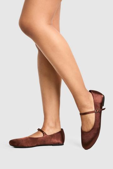 Chocolate Brown Wide Fit Satin Basic Mary Jane Ballets