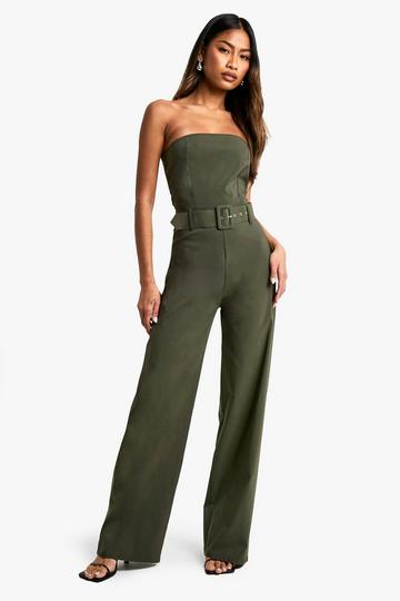 Belt Trim Bandeau Wide Leg Jumpsuit khaki