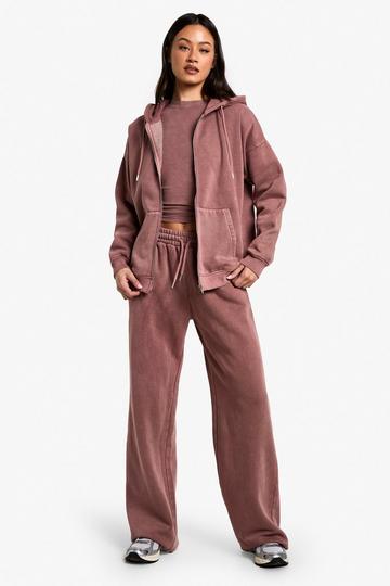 Tall Acid Wash Zip Through 3 Piece Tracksuit burgundy