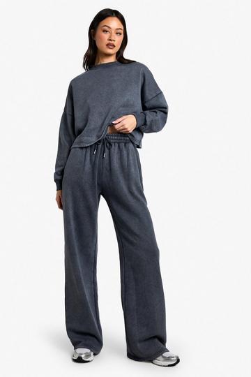 Tall Acid Wash Wide Leg and Cropped Sweatshirt Tracksuit charcoal