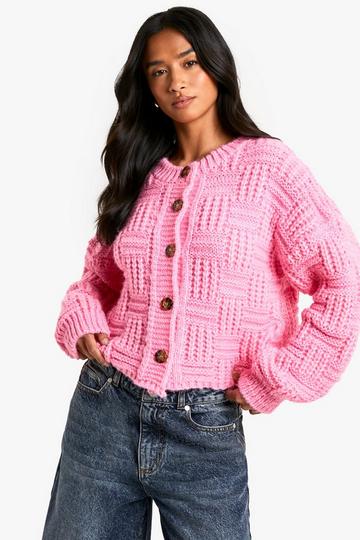 Petite Chunky Basket Stitch High Neck Knitted Cardigan pink