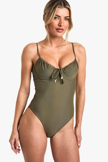 Shell Trim Ruched Cup Underwire Swimsuit khaki