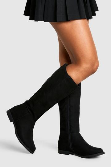 Black Wide Fit Faux Suede Knee High Flat Boots