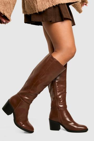 Chocolate Brown Knee High Block Heel Boots