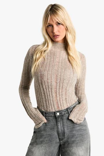 Sheer High Neck Knitted Top mink