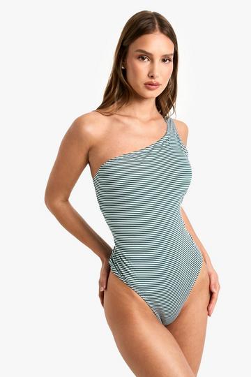 Seersucker Stripe One Shoulder Swimsuit green