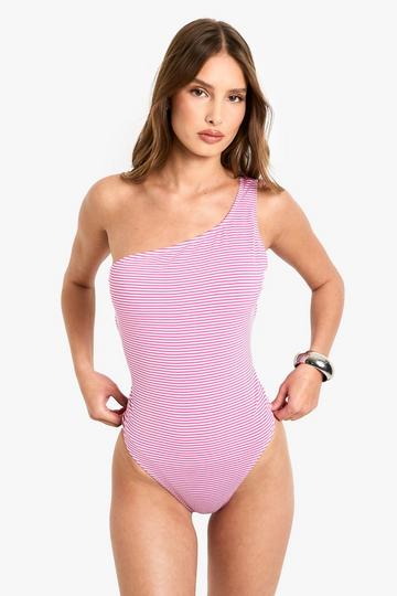 Seersucker Stripe One Shoulder Swimsuit pink