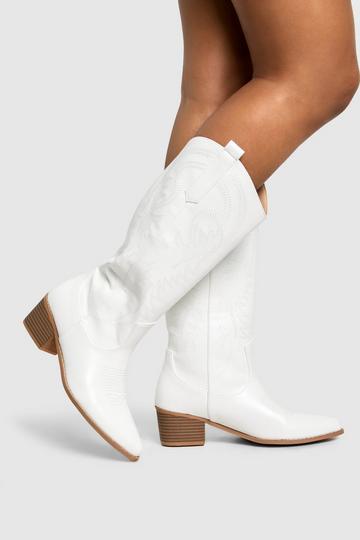 Calf Detail Embroidered Western Cowboy Boots white