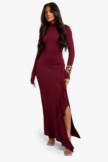 Burgundy Red Asymmetric Long Sleeve Maxi Dress