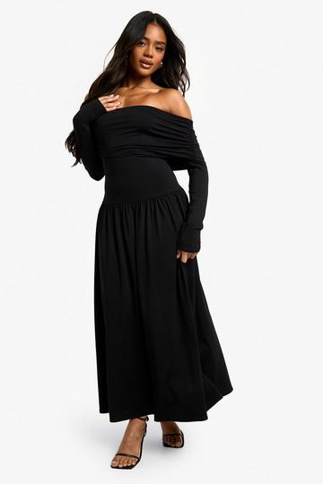 Bandeau Long Sleeve Drop Waist Skater Dress black