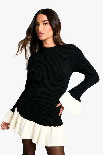 Black Petite Contrast Flare Sleeve Knitted Skater Dress