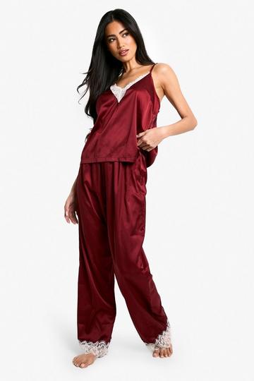 Contrast Lace Trim Cami Top & Trouser Pyjama Set burgundy