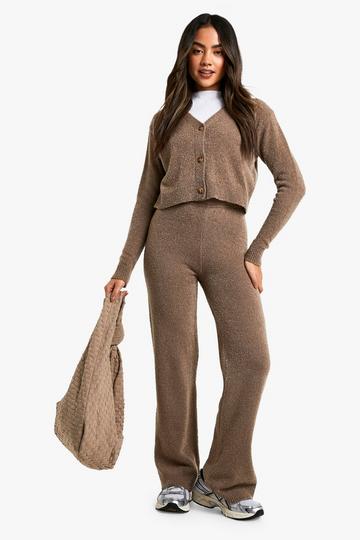 Soft Knit V Neck Cardigan and Wide Leg Knitted Co-Ord taupe