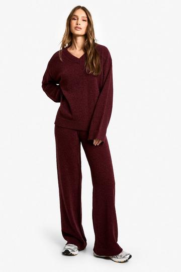 Zachte Gebreide Trui Met V-Hals En Gebreide Wide Leg Broek Set burgundy