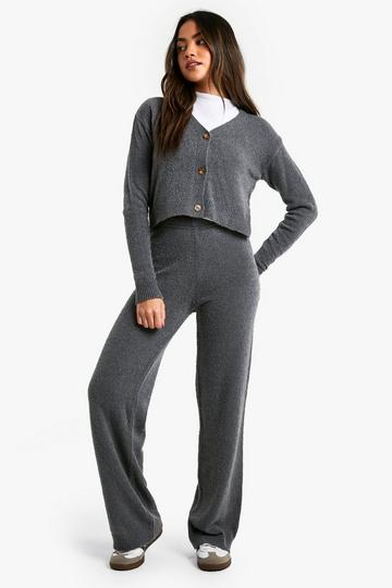 Zachte Gebreide Cardigan Met V-Hals En Wide Leg Broek Set charcoal