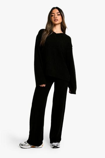 Zachte Gebreide Trui Met V-Hals En Gebreide Wide Leg Broek Set black