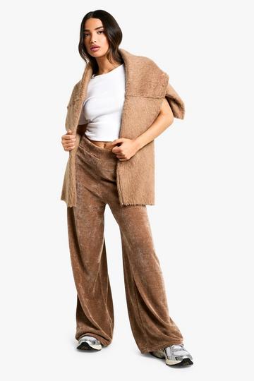 Tan Brown Petite Velvet Cord Wide Leg Trousers