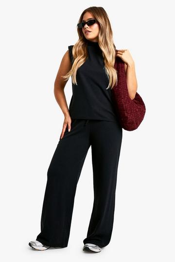 Petite Crinkle Racer and Wide Leg Trouser Set black