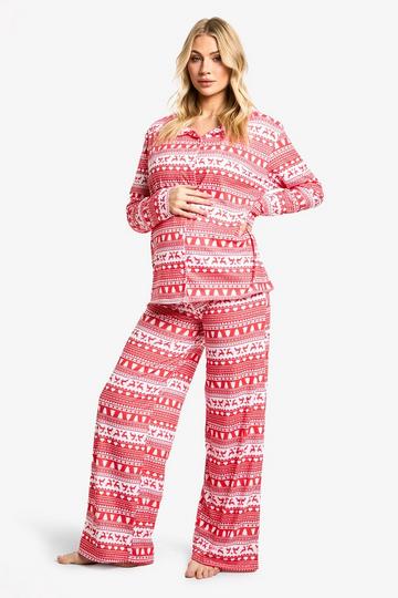 Maternity Christmas Fairaisle Long Sleeve Shirt & Trouser Pj Set red