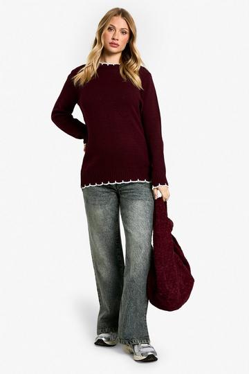 Maternity Knitted Contrast Stitch Jumper wine