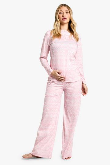 Pink Maternity Christmas Fairisle Long Sleeve Button Top & Wide Leg Trouser PJ Set