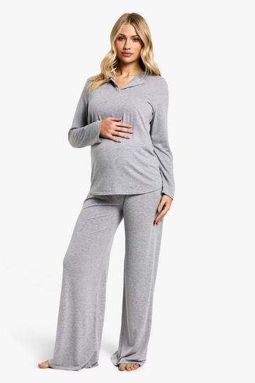 Maternity Long Sleeve Button Top & Wide Leg Trouser PJ Set grey marl