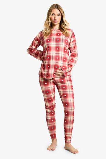 Maternity Christmas Love Heart Print Oversized Long Sleeve Top & Legging PJ Set red