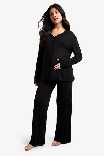 Black Maternity Long Sleeve Shirt & Trouser Pj Set