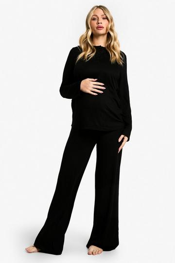 Black Maternity Long Sleeve Button Top & Wide Leg Trouser PJ Set