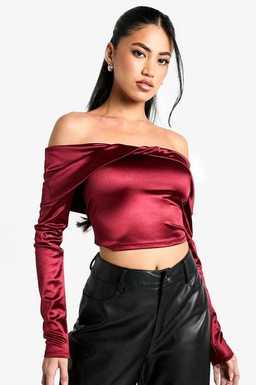 Stretch Satin Twist Detail Bardot Top wine