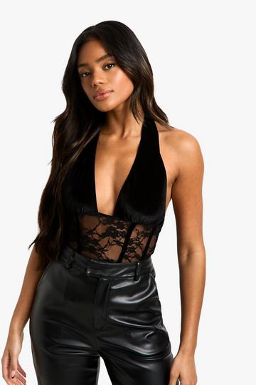 Velvet Lace Plunge Front Bodysuit black