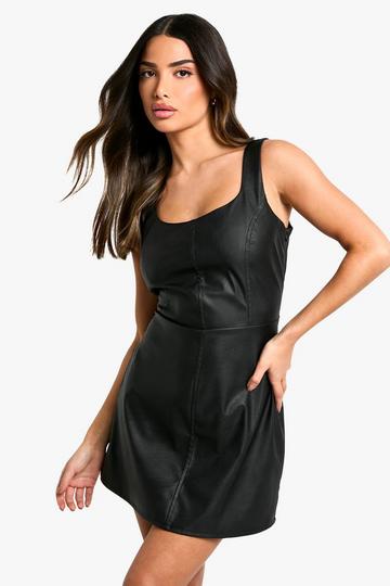 Petite PU Scoop Neck Mini Dress black