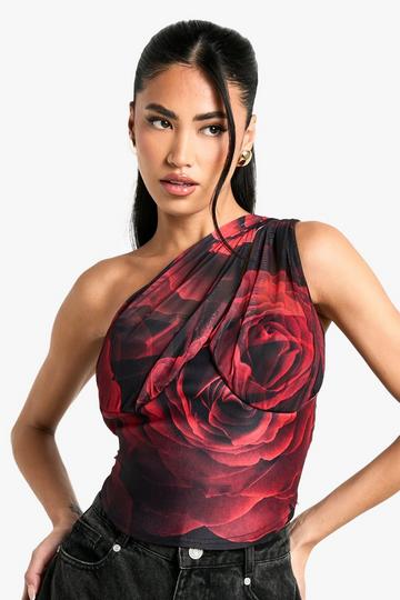 Red Rose Print Mesh One Shoulder Corset detail top