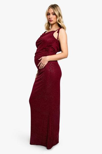 Burgundy Red Maternity Glitter Mesh Low Back Maxi Dress