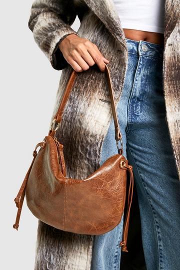 Distressed Leather Round Tassel Shoulder Bag brown