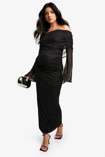 Maternity Glitter Mesh Deep Bardot Long Sleeve Midaxi Dress black