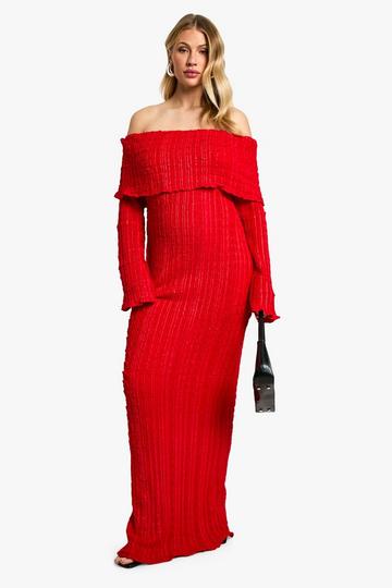 Maternity Textured Crinkle Bardot Long Sleeve Maxi Dress red