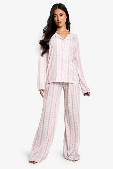 Valentines Bow Print Long Sleeve Shirt & Trouser PJ Set pink