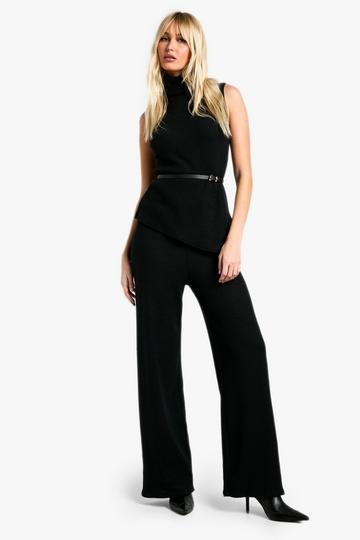 Geborstelde Geribbelde Top Met Hoge Hals, Asymmetrische Zoom En Wide Leg Broek Set black