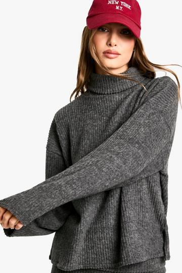 Brushed chunky rib high neck oversized top charcoal