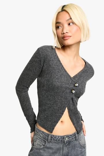 Geborstelde Geribbelde Asymmetrische Cardigan Met Knopen charcoal