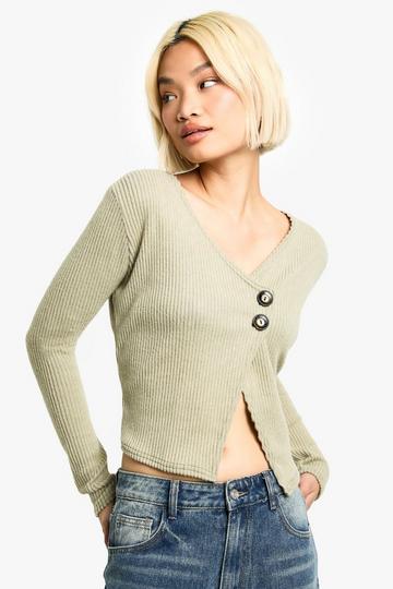 Geborstelde Geribbelde Asymmetrische Cardigan Met Knopen green