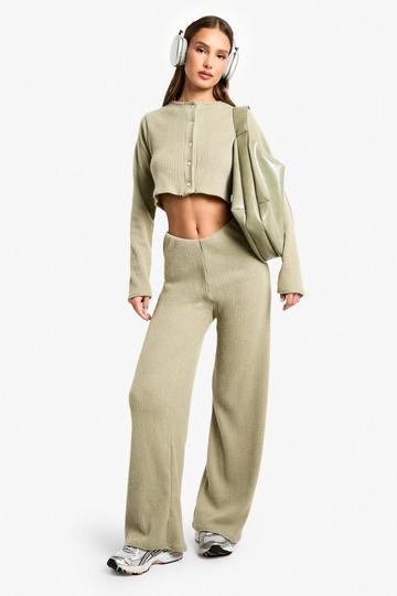 Geborstelde Geribbelde Low Rise Wide Leg Broek Met Ceintuur sage