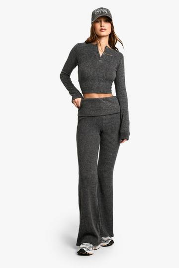 Brushed chunky rib foldover waist flare trouser charcoal