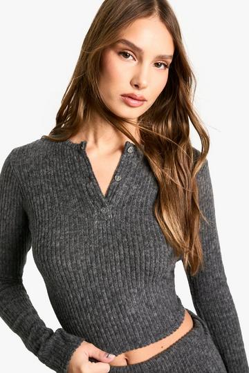 Brushed chunky rib button detail crew neck top charcoal