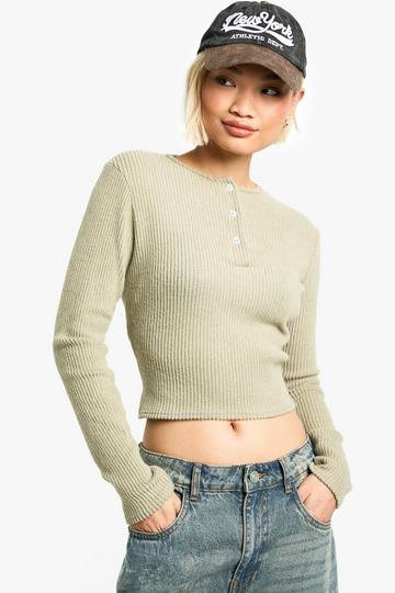 Brushed chunky tib button detail crew neck top sage