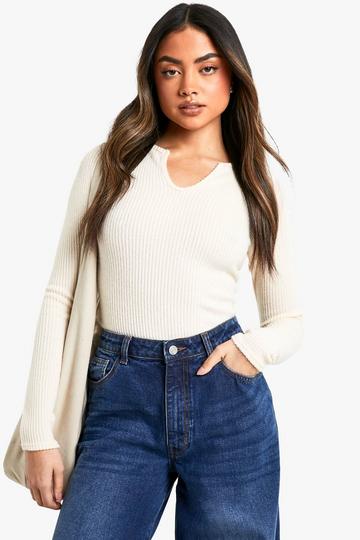 Brushed chunky rib notch front long sleeve top cream