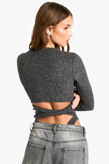 Brushed chunky rib twist back detail bodysuit charcoal