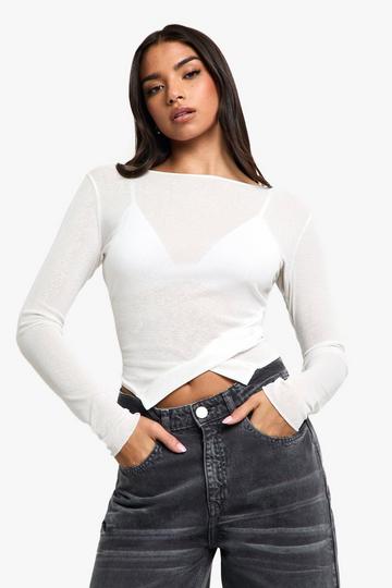 White Textured mesh button hem long sleeve top